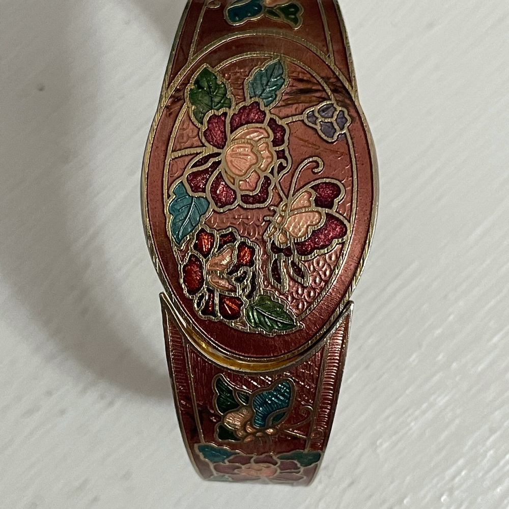 Vintage Cloisonné Floral Enamel Hinged Bangle Bracelet – Boho Statement - Picture 8 of 8
